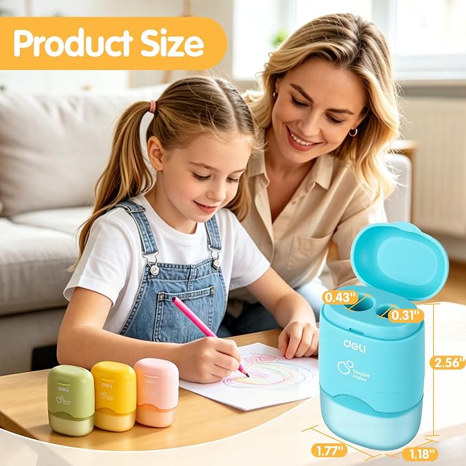 Deli Pencil Sharpener & Eraser, 24 Pack Pencil Sharpeners Manual, Dual Holes - Image 2
