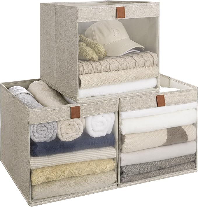 StorageWorks 13x13 Storage Cubes, Closet Storage Bins with Clear Window, Large Fabric Organizer for Clothes, Collapsible Storage Baskets with PU Handles, Brown and Beige, 3-Pack-DeskLoop Office