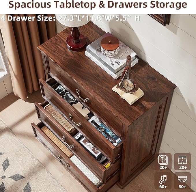 Farmhouse 4 Drawer Dresser for Bedroom, 37" Tall Rustic Chests of Drawers w/ 4 Solid Wood Feet, Mid Century Modern Wooden Closet Storage Dressers Organizer for Living Room, Hallway, Brown-DeskLoop Office