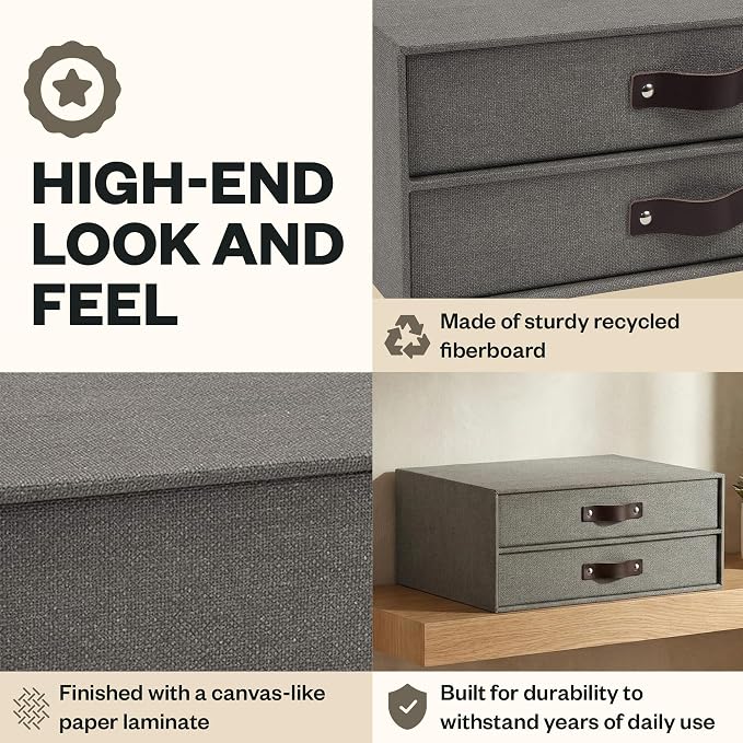 Bigso Birger 2-Drawer Canvas Fiberboard Easy Pull Handle Document Letter Box | - Image 6