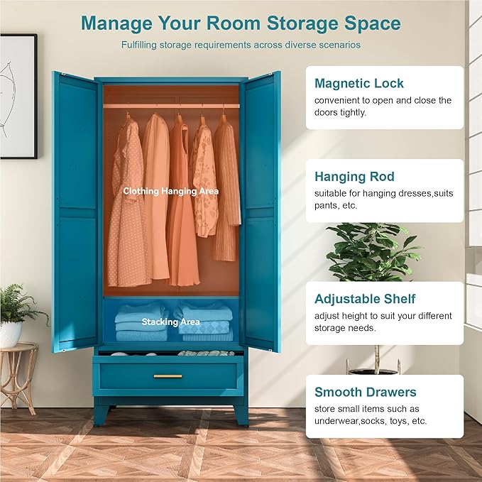 Farmhouse Wardrobe Cabinet with 2 Drawers,Metal Wardrobe Closet with Hanging Rod,Metal Armoire with Adjustable Shelves for Bedroom,Living Room, Cloak Room,Office (Blue)-DeskLoop Office