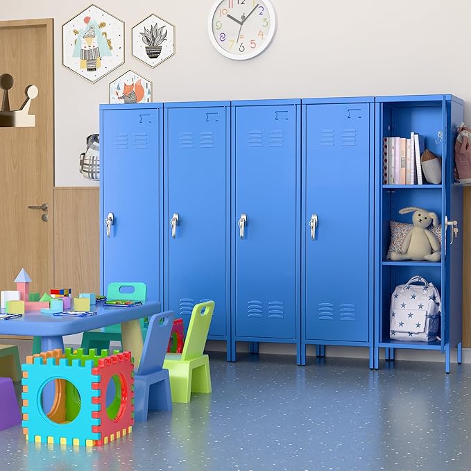 Aobabo Metal 54" H Metal Storage Locker for Employees, Lockable 1 Door with Towel Rack and 2 Side Pegboards with Hooks for School Office Gym Home, Assembly Required (Blue)-DeskLoop Office