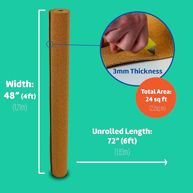 Flipside Products Cork Roll 4' x 6' x 3MM - DIY Bulletin Board, Wall Accent, Décor, Soundproofing, Cork Board Roll, Push Pin Display, Home, School, Office - Environmentally Friendly, Self-Healing-DeskLoop Office