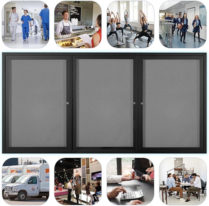 Enclosed Bulletin Board Outdoor Noticeboard with Locking Door, Weather-Resistant, Grey Felt, Black Aluminum Frame, 70 x 36 in-DeskLoop Office