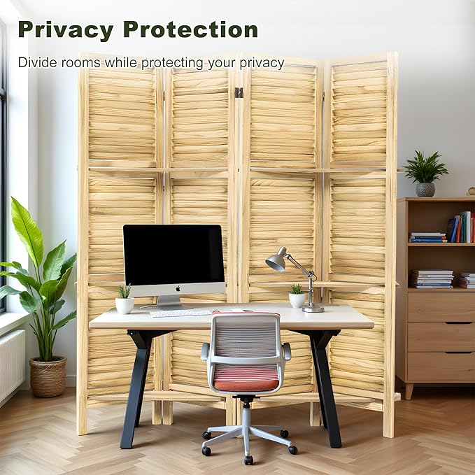 NicBex 4 Panel Room Divider,5.6FT Wood Carved Room Dividers with Display Shelves Folding Privacy Screens Portable Freestanding Partition Wall Dividers for Room Separation, Bedroom Office,Natural Wood-DeskLoop Office