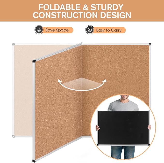 Board2by Cork Board Bulletin Board 36 x 48, Silver Aluminium Framed 4x3 Corkboard, Foldable Office Board for Wall, Large Wall Mounted Notice Pin Board with 36 Push Pins for School, Home & Office-DeskLoop Office