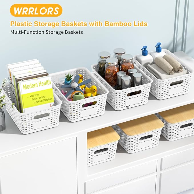 Plastic Storage Baskets with Bamboo Lids and Labels, Stackable Storage - Image 2