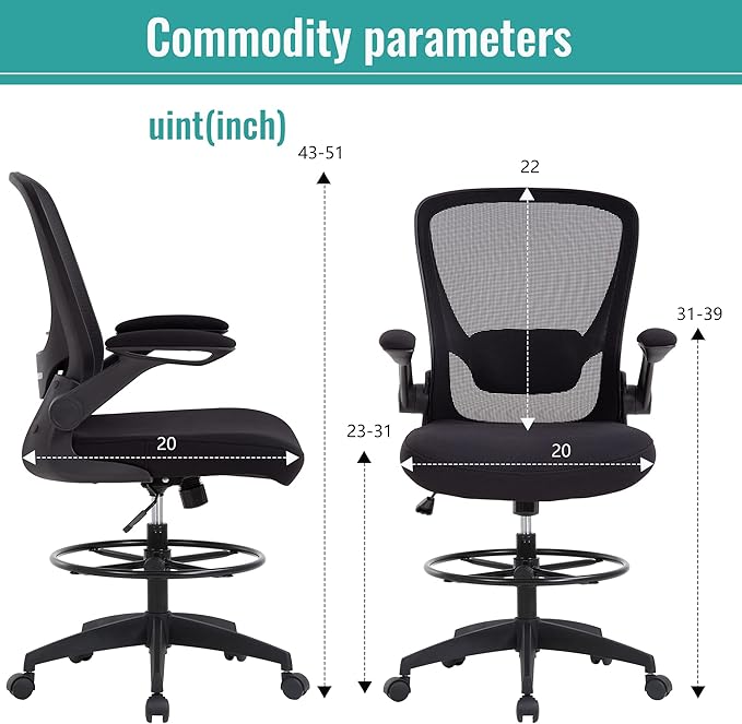 BestOffice Drafting Chair Tall Office Chair with Adjustable Foot Ring and Flip-Up Arms Computer Standing Desk Chair Executive Rolling Swivel Chair for Office & Home-DeskLoop Office