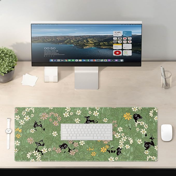 Cute Cat Mouse Pad Large Green Desk Mat Extended Keyboard Mouse Pad Kawaii - Image 6