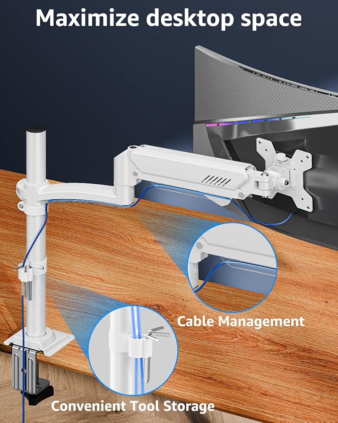 Single Monitor Arm Holds 4.4-22lbs, Monitor Stand for Desk, Height Adjustable Monitors Mount for 32 27 24 22inch, Full-Motion Monitors Desk Mount with C-Clamp＆Grommet Base, Freelift White-DeskLoop Office