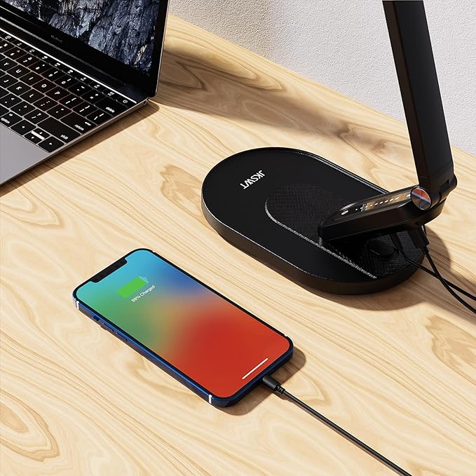 JKSWT LED Desk Lamp, Eye-Caring Table Lamps Natural Light Protects Eyes Dimmable Office Lamp with 5 Color Modes USB Charging Port Touch Control and Memory Function, 10W Reading Lamp,Black-DeskLoop Office