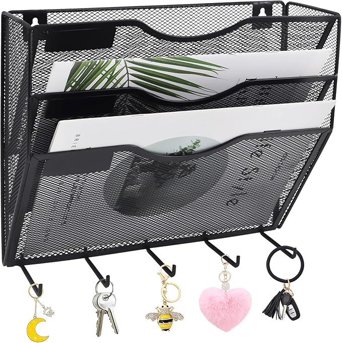 EASEPRES 3 Pocket Mesh Hanging File Organizer with Key Holder Hooks & Nametag Label, Wall Mounted Mail Paper Document Folder Clipboard Storage Organization Magazine Rack for Office Cubicle, Black-DeskLoop Office