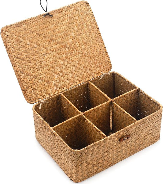 Tea Bag/Sugar Packet Holder, Coffee Station Condiment Organizer, Seagrass Storage Basket, Wicker Rattan Divided Basket Organizer for Drawer/Shelf/Countertop-DeskLoop Office