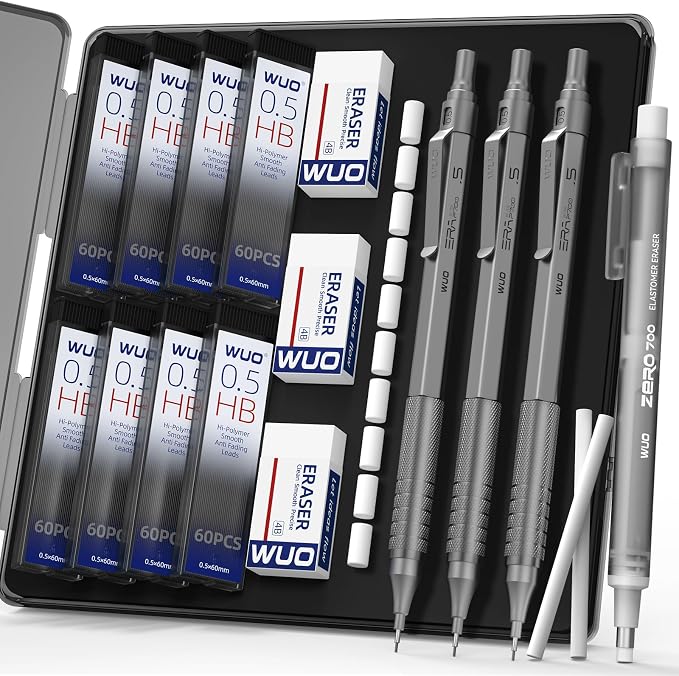 WUO 0.5mm Mechanical Pencil Set, 3 Grey Metal Drafting Pencils by WUO
