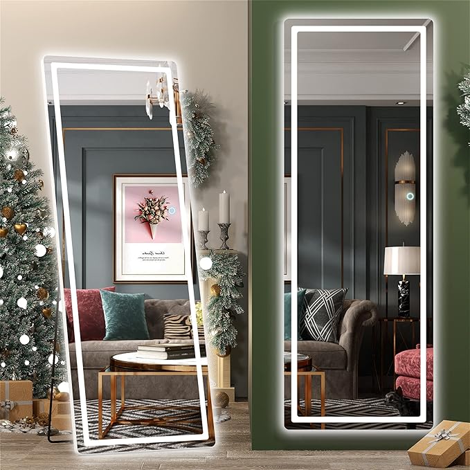 Hasipu Full Length Mirror with Lights, 65" x 22" LED Floor Mirror, Full Body Dressing Standing, Hanging Mounted Mirror for Living Room Bedroom Cloakroom, Round White-DeskLoop Office