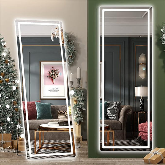 Hasipu Full Length Mirror with Lights, 65" x 22" LED Floor Mirror, Full Body Dressing Standing, Hanging Mounted Mirror for Living Room Bedroom Cloakroom, Round White-DeskLoop Office