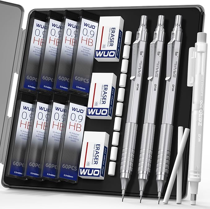 WUO 0.9mm Mechanical Pencil Set, 3 Silver Metal Drafting Pencils by WUO