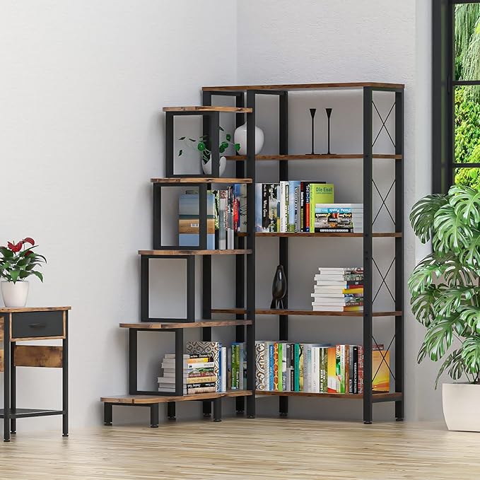 Large Corner Bookshelf Bookcase, Industrial Reversible 5 Tier Ladder Shelves Storage Display Rack with Metal Frame, Modern Home Office Furniture for Living Room Bedroom-DeskLoop Office