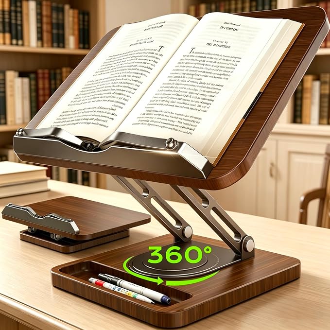 Book Stand for Reading, 360° Rotating Hands Free Book Holder by LOXP