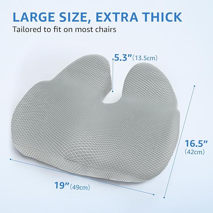 Extra Large Office Chair Cushion, 19" x 17" Ergonomic Memory Foam Seat Cushion for Tailbone, Back, Sciatica & Hip Pain Relief, Booster Pad for Sitting & Driving, Removable Washable Cover, Grey-DeskLoop Office