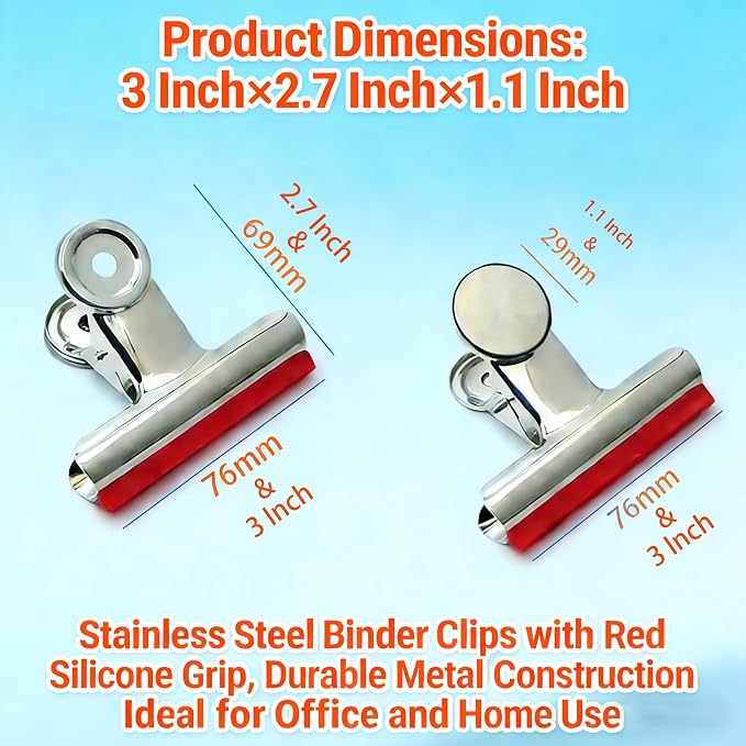 3 Inch Extra Large Magnetic Bulldog Clips, 10 Pack, Silicone Covered Binder - Image 2