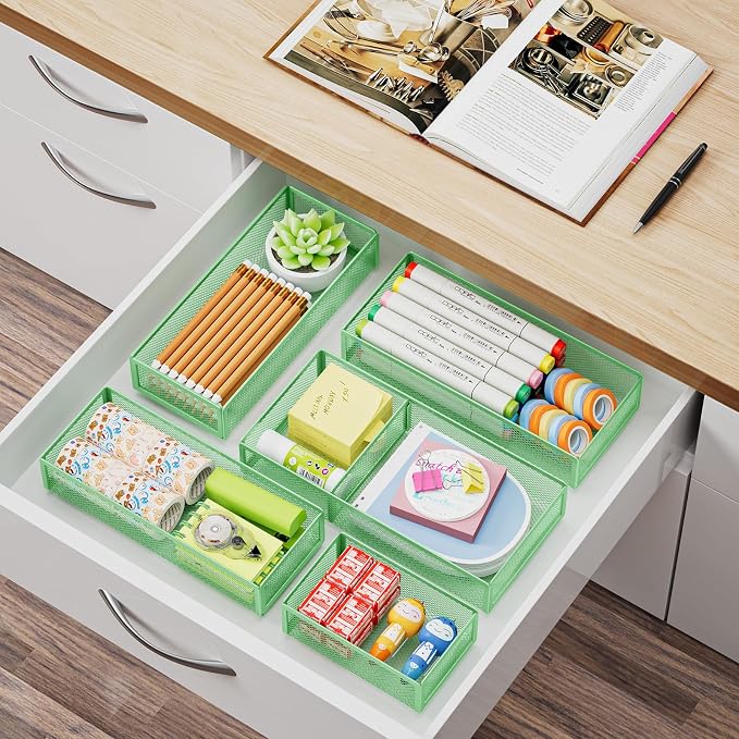 Marbrasse 5 Pack Desk Drawer Organizer Set, Mesh Drawer Storage Trays - Image 6
