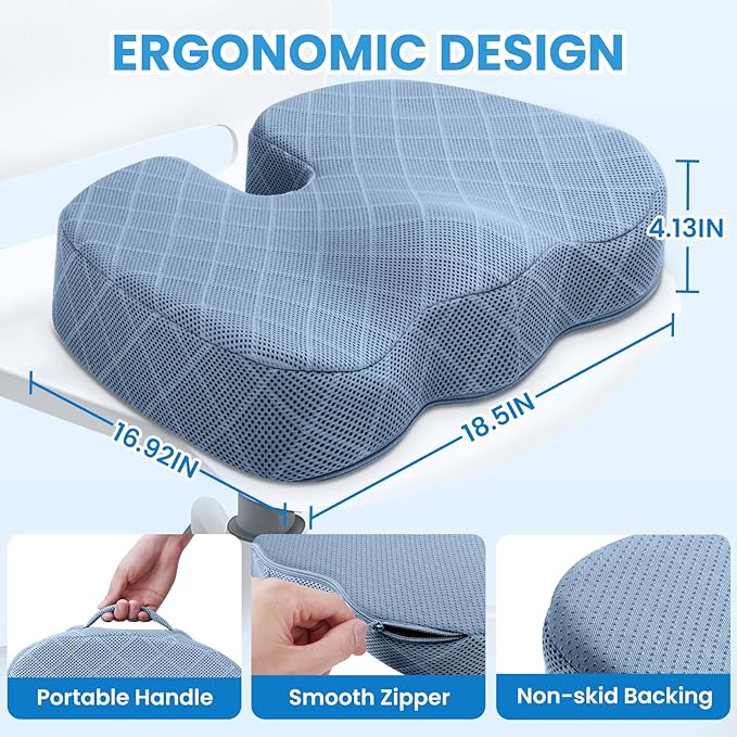 TushGuard Office/Car Seat Cushion, Non-Slip Sciatica & Back Coccyx Tailbone Pain Relief Chair Pad, Memory Foam Butt Pillow for Computer Desk, Wheelchair, Driving (Light Blue, XX-Large)-DeskLoop Office