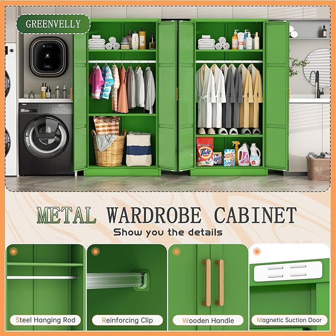 Greenvelly Metal Storage Wardrobe Cabinet with Lock, 71" Green Metal Wardrobe Closet for Hanging Clothes with Doors and Shelves, Modern Steel Clothes Closet for Home, Office and Bedroom, School,Gym-DeskLoop Office