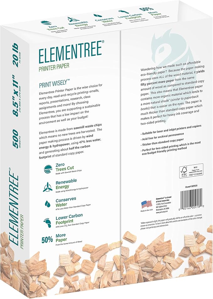 Elementree Sustainable Printer Paper Case 8.5" x 11" – Made from Sawmill Waste – 20 lb Copy & Multipurpose Computer Paper – 2500 Sheets – Made in the USA - Printer & Copier Compatible (00918C)-DeskLoop Office