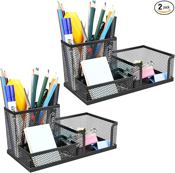 2 Pack 3 in 1 Mesh Pen Holder for Desk, 3 Compartments Pencil Holder Desk by Unknown