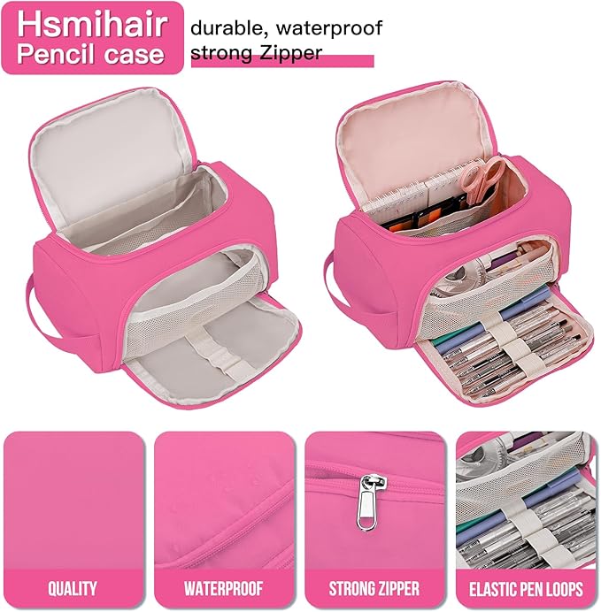 Hsmihair Large Pencil Pouch,Pencil Case Aesthetic,Zipper Pencil Box for Girls Back to School Supplies Emergency Bag Makeup Bag (Deep Pink)-DeskLoop Office