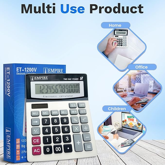 Empire Desk Calculator with Large Key Buttons, 12 Digits, Large Eye-Angled Display, Solar and Battery Powered for Home and Office (Battery Included)-DeskLoop Office