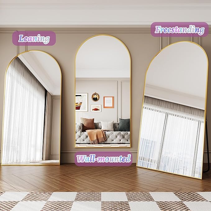 Full Length Mirror, 81"x41" Oversized Floor Mirror Freestanding, Full Body Floor Standing Mirror with Stand, Hanging Mounted for Bedroom Living Room, Gold, Arched Style-DeskLoop Office