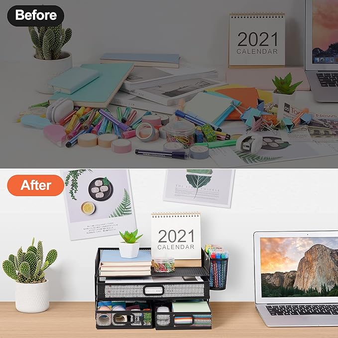 Marbrasse 3 Tier Mesh Desk Organizer with Drawer, Multi-Functional Desk Organizers and Accessories, Paper Letter Organizer with 2 Pen Holder for Home Office Supplies (Black)-DeskLoop Office