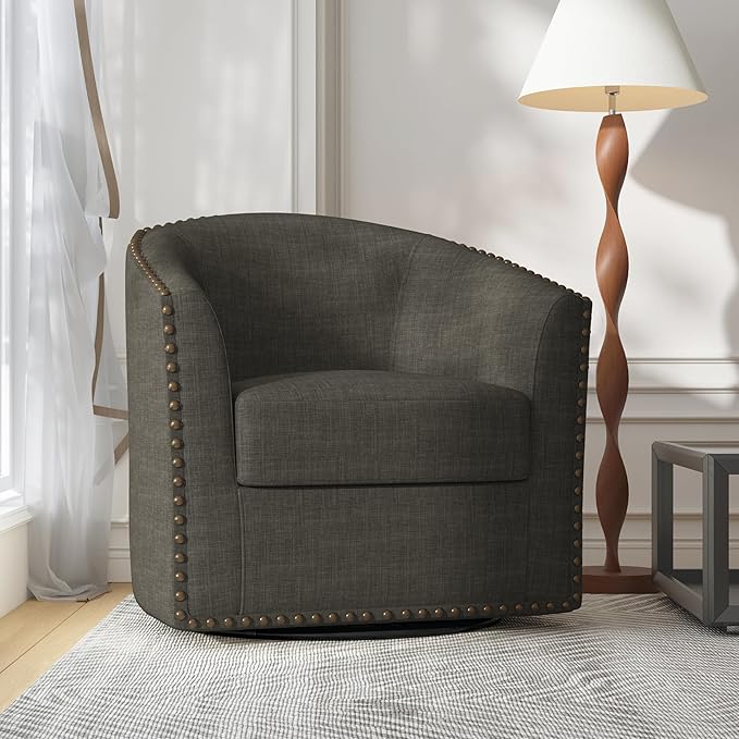 UIXE 360° Swivel Barrel Accent Chair, Modern Upholstered Arm Chair Round Club Armchair, Nailhead Trim Single Sofa Seating in Fabric for Living Room - Gray-DeskLoop Office
