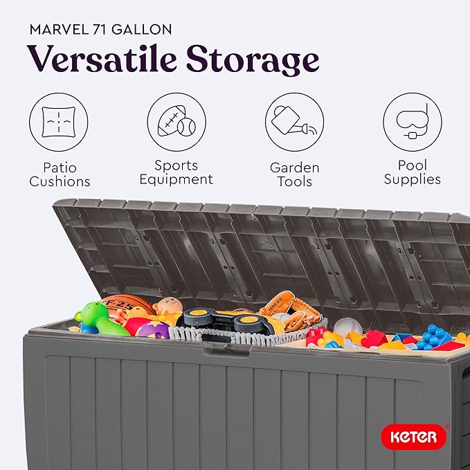 Keter Marvel Plus 71 Gallon Resin Deck Box-Organization and Storage for Patio Furniture Outdoor Cushions, Throw Pillows, Garden Tools and Pool Floats, Light Grey-DeskLoop Office