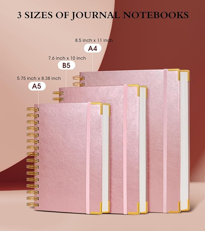 Spiral Notebook Journal 7.6” x 10”, 300 Pages Hardcover Leather Lined Journals for Women Men, B5 Large College Ruled Notebooks with 100 GSM Thick Paper, Spiral Journal for Writing Work School, Pink-DeskLoop Office