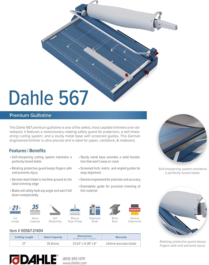 Dahle 567 Premium Guillotine Trimmer, 21" Cut Length, 35 Sheet Capacity, Self-Sharpening Blade, Manual Clamp, w/Safety Guard-DeskLoop Office