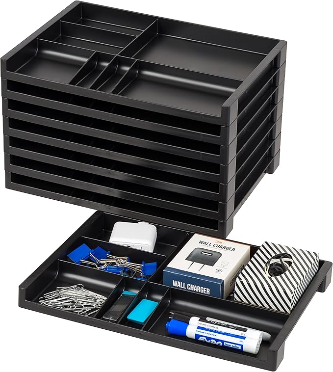 IRIS USA 14" x 10" Stacking Desktop Organizer Tray with Built-In Divider, 8 Pack, Plastic Storage Container for Stationery Art Craft Supplies Office Desk Drawer and Small Business Organization, Black-DeskLoop Office