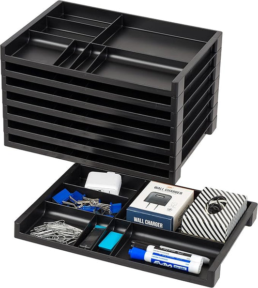 IRIS USA 14" x 10" Stacking Desktop Organizer Tray with Built-In Divider, 8 Pack, Plastic Storage Container for Stationery Art Craft Supplies Office Desk Drawer and Small Business Organization, Black-DeskLoop Office
