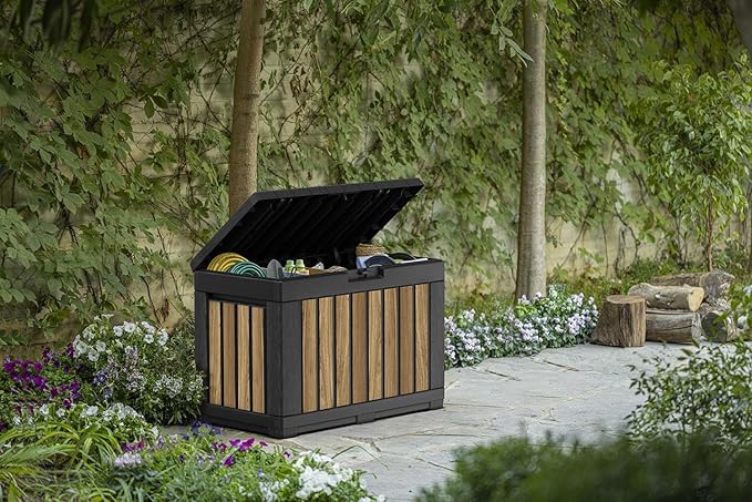 Keter Signature Collection 50 Gallon Resin Deck Box Organization and Storage Box for Patio Outdoor Cushions, Throw Pillows, Garden Tools and Pool Supplies, Oakridge-DeskLoop Office