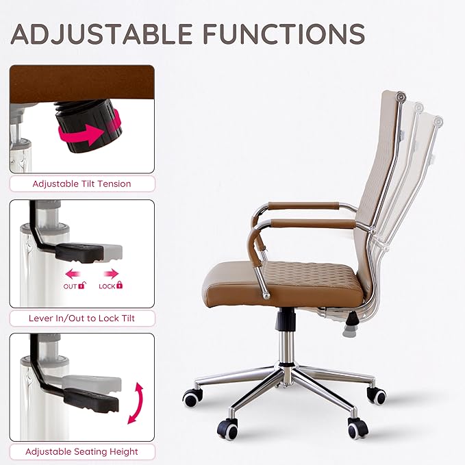 Livinia Modern Executive Office Chair with Patterned Back Design, Chrome & Leather Swivel Chair with High Back, Adjustable Height, Removable Armrests, and Wheels for Home Office (Brown(Chrome))-DeskLoop Office