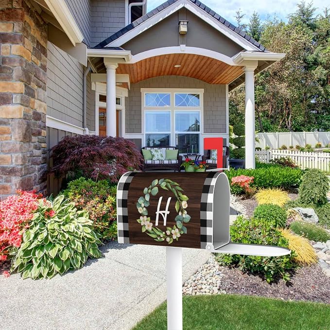 Wreath Monogram Letter H Mailbox Covers, Buffalo Plaid Outdoor Magnetic Mailbox - Image 5