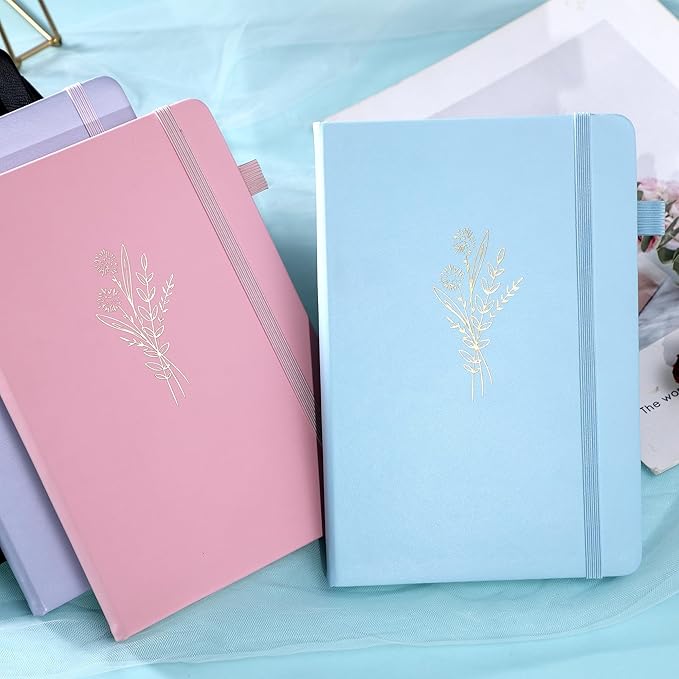 Lined Journal Notebook for Women Cute Leather Journaling Notebooks for Writing 192 Pages A5 Hardcover Aesthetic Floral Diary, 5.7 x 8.3 In, Blue-DeskLoop Office