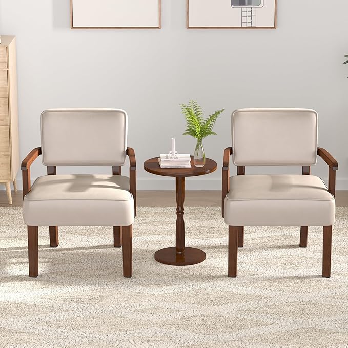 Accent Chair Set of 2 with Table, PU Leather Chair for Living Room Oversized Armchair with Soft Seat and Armrests for Bedroom Dinning Reading Waiting Room (Leather Beige)-DeskLoop Office