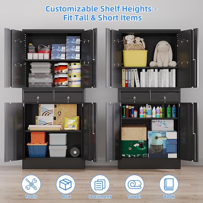 Garage Storage Cabinet with Wheels, Metal Storage Cabinet with 2 Drawers and 2 Adjustable Shelves, Metal Lockers with Pegboards for Homes, Offices, Kitchens, Schools and Pantries-DeskLoop Office