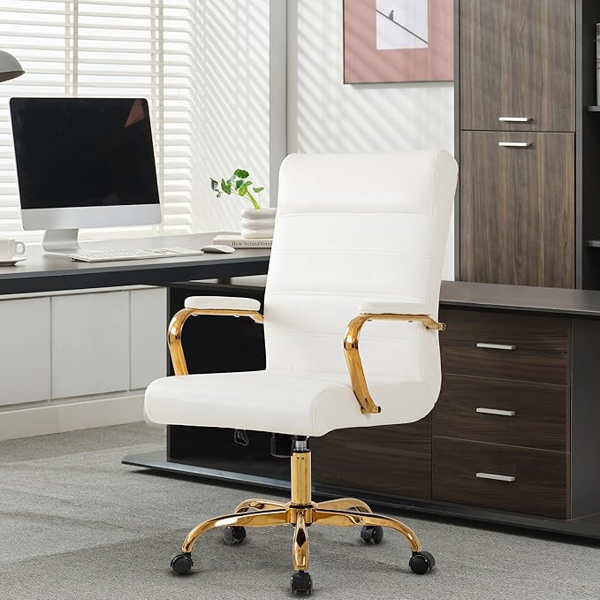 Office Desk Chair,Modern Leather Conference Room Chairs,High Back Home ofiice Chair,Adjustable Height Swivel Executive Computer Chair with Padded Seat and Armrest (White with Gold Frame)-DeskLoop Office