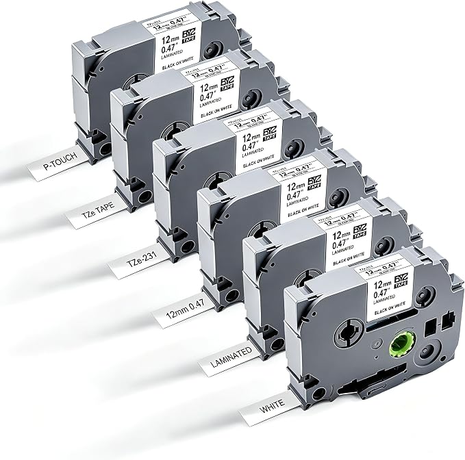 6Pk Replace for Brother TZe Tz Tape 12mm 0.47 Laminated White Work by BEYONDTEK