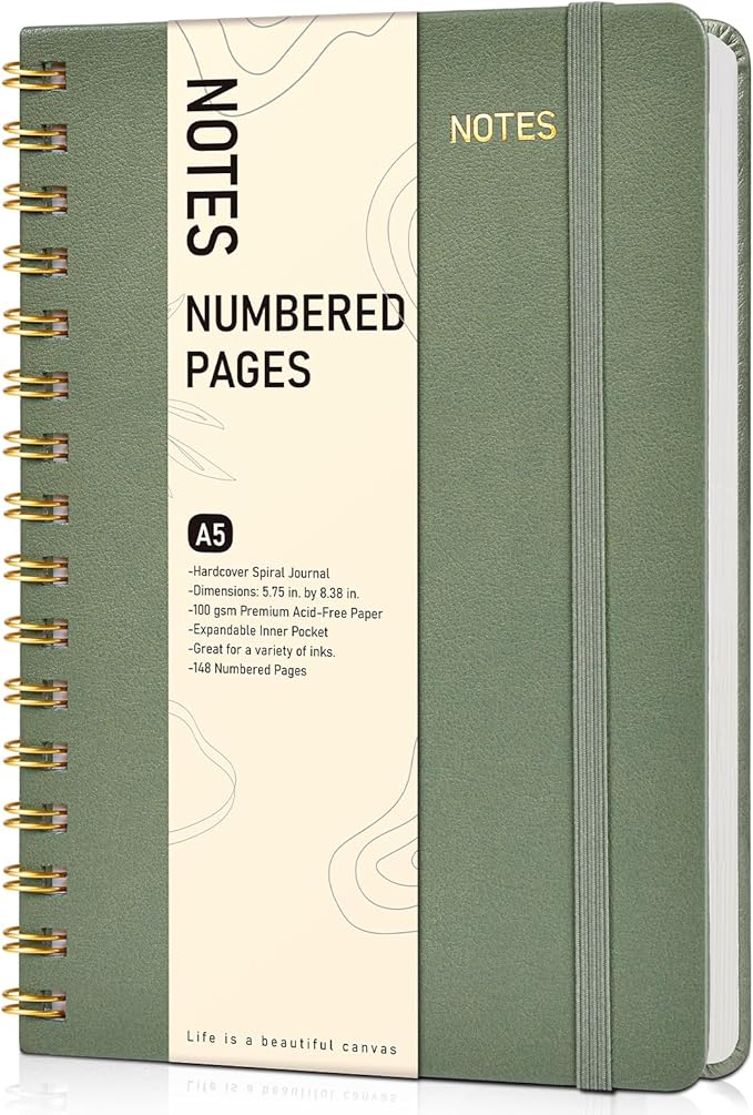 Lined Spiral Journal Notebook, A5 Hardcover Spiral Journals for Women Men, 150 Numbered Pages Spiral Bound Notebook, 100 GSM College Ruled Notebooks for Writing Note Taking 5.75" x 8.38", Sage Green-DeskLoop Office