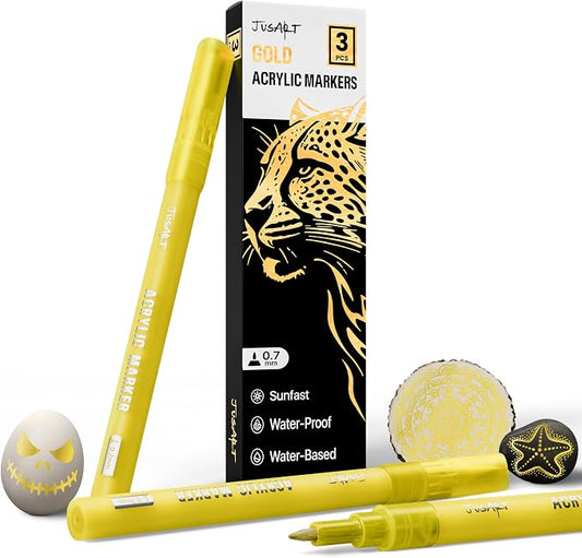 JusArt 3 Pack Gold Permanent Markers, 0.7mm Fine Point Gold Acrylic Markers by JusArt%7CCreativeArtSupplies